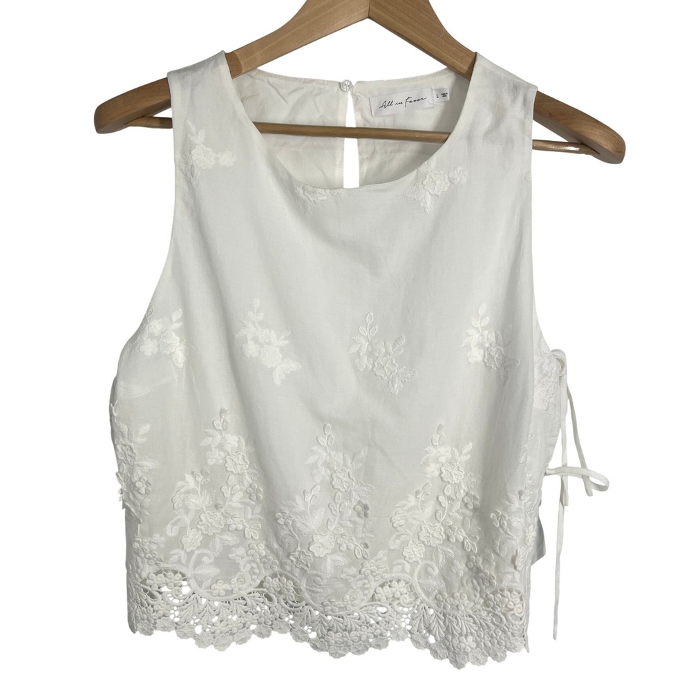 All in Favor White Embroidered Lace Trim Side Tie Crop Top Tank 127756-001 L